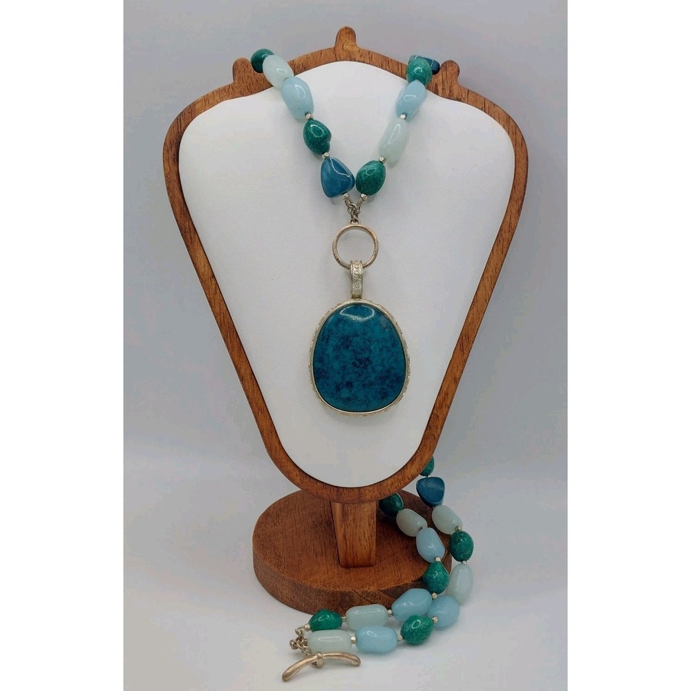 Vintage Monet Chunky Necklace Faux Turquoise Statement Detachable Pendant 34"